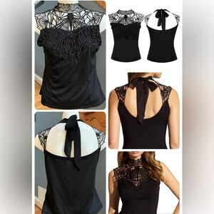 Elegant Black Lace Detail Tie Back Cut Out Top size Small EUC